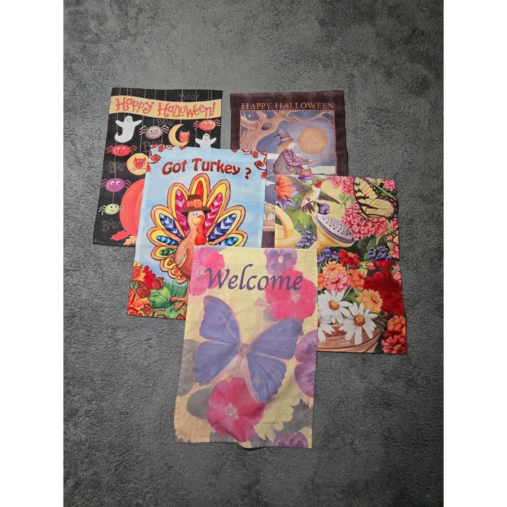 Assorted Garden Flags: Halloween Thanksgiving Welcome Approx 18x12.5"W GUC